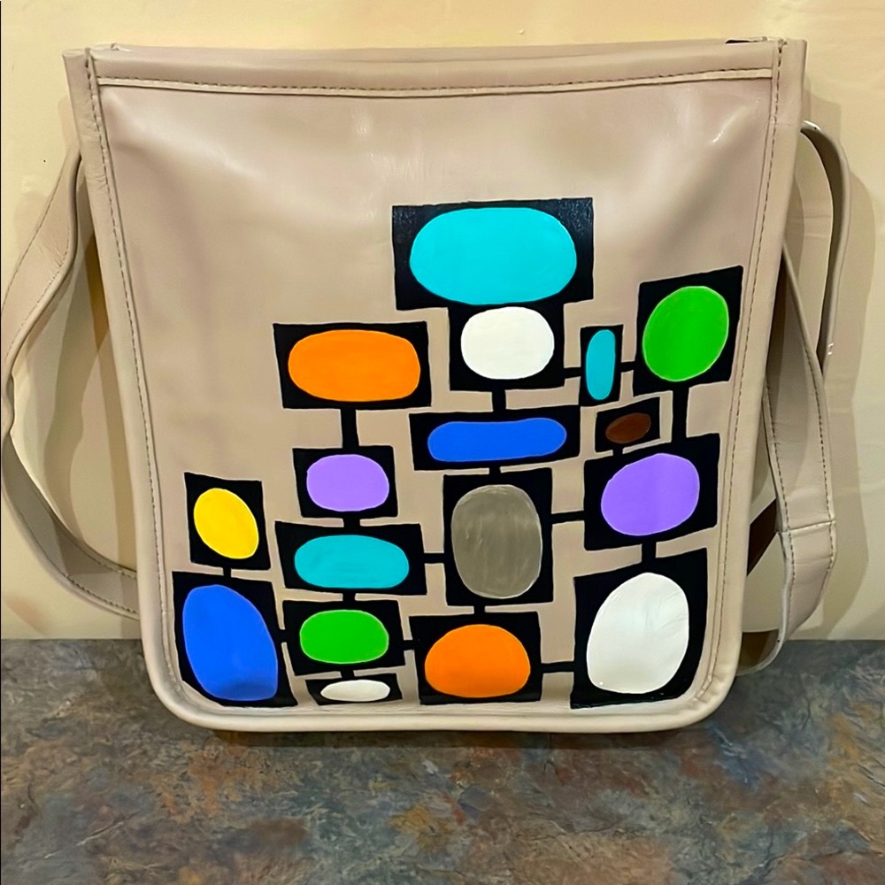 Taupe Leather Shoulder/ Crossover Bag with Hand Pain Colorful Geometric Pattern